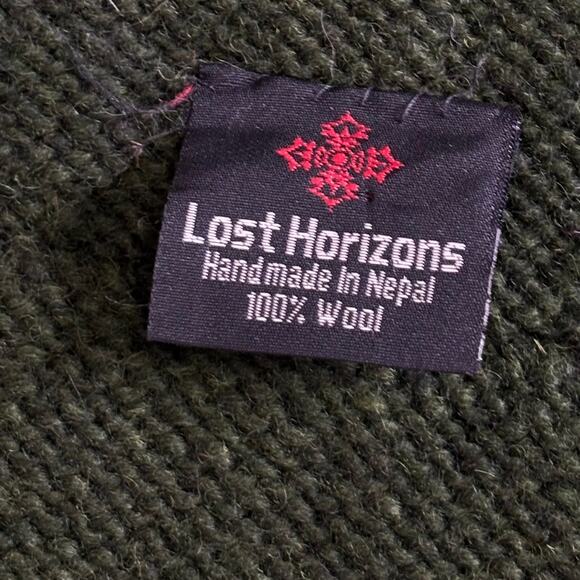 Knit Wool Pocket Scarf Lost Horizons Green Striped Handmade Nepal 9x63 Warm Boho - Picture 6 of 9